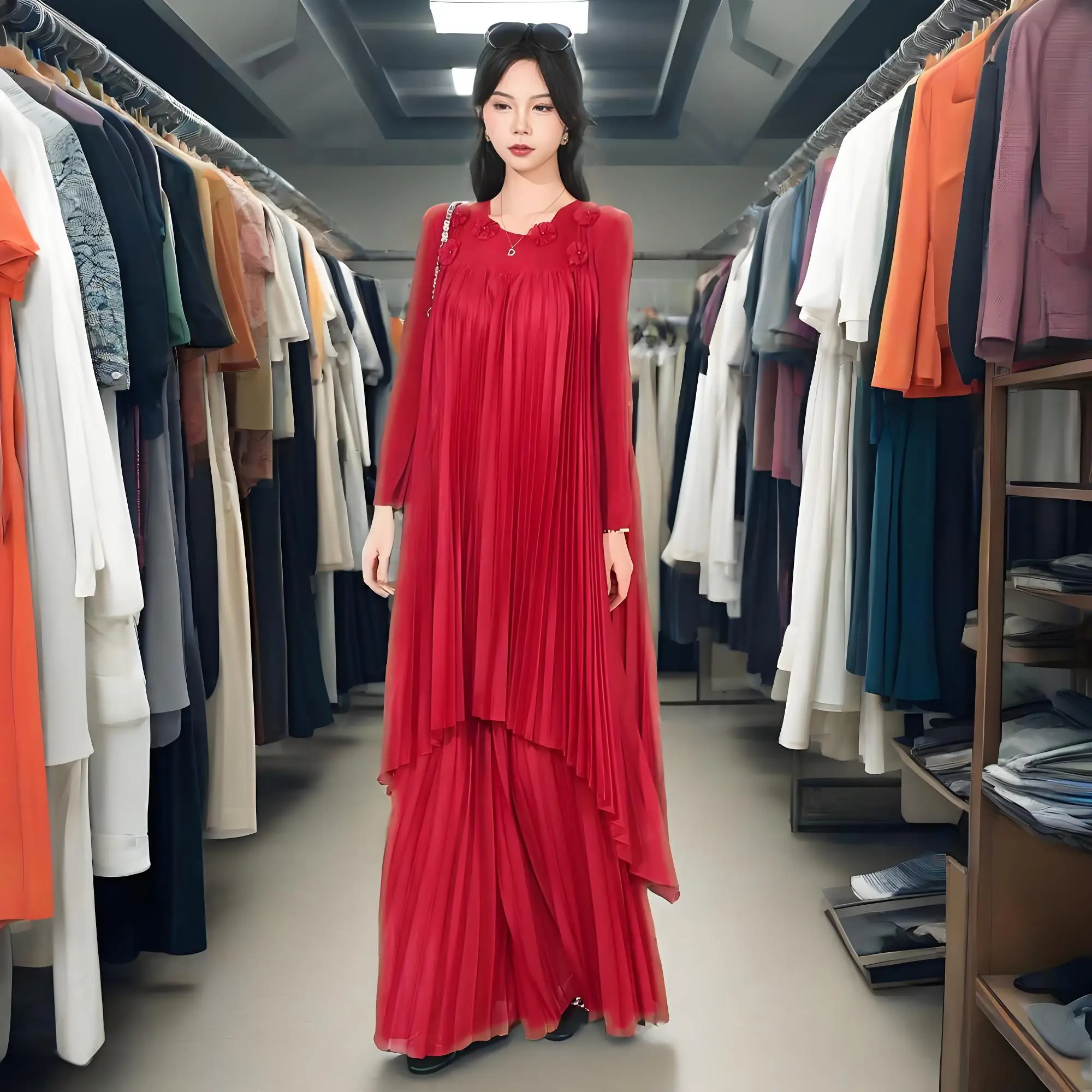 

Miyake Fashion Temperament Suit, High Sense Loose Large Size Medium and Long Pullover Top, High Waist Drape Wide Leg Pants Women
