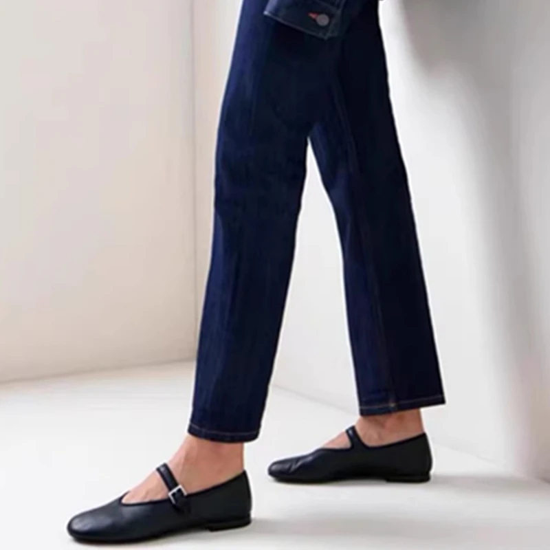 Dave&di French Minimalist Genuine Leather Mary Jane Shoes Retro Grandmother Shoes For Woman Flat Bottomed Round Toe Loafers Shoe