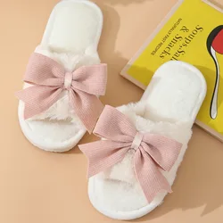 New winter warm women's style simple fluffy slippers women's bow non-slip soft comfortable slide indoor home cotton shoes