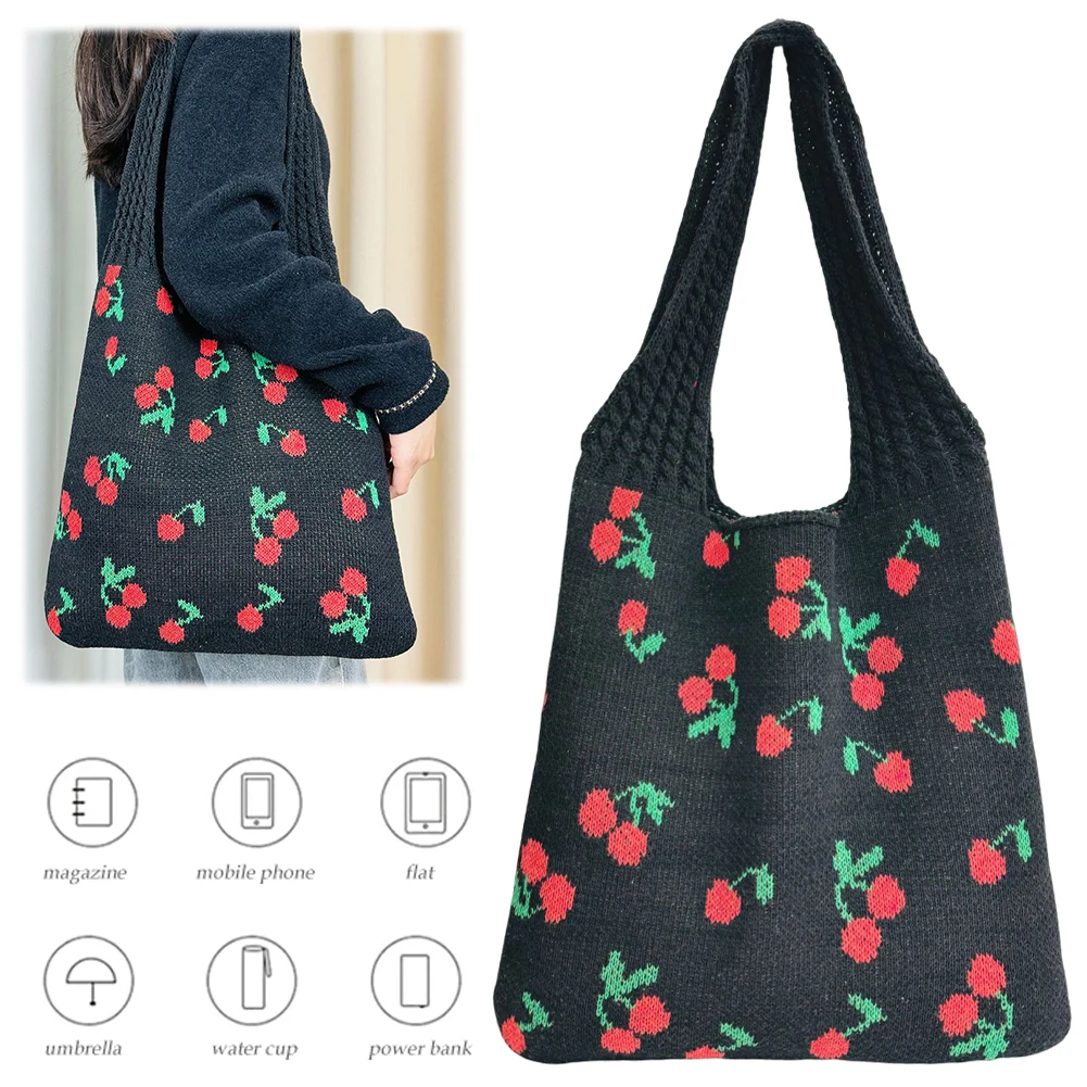 

Women Crochet Tote Handbag Cherry Printed Knitting Shoulder Bag Large Capacity Travel Shopping Handbag Female Holiday Bag