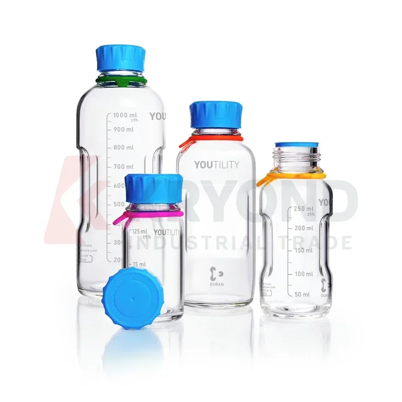 

YOUTILITY GL45 Laboratory Bottle Clear with Screw Cap and Pouring Ring PP Cyan DIN 168-1 Thread Graduated Original Product