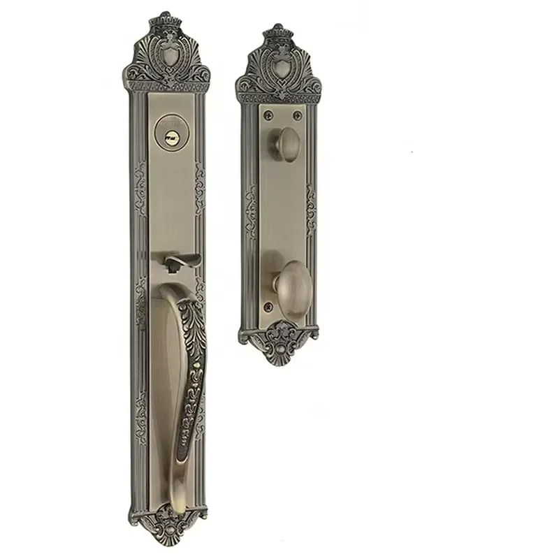 European Style Solid Wood Main Entrance Door with Brass Silent Lock Handle Real Gold Finish for Villa Universal Copper