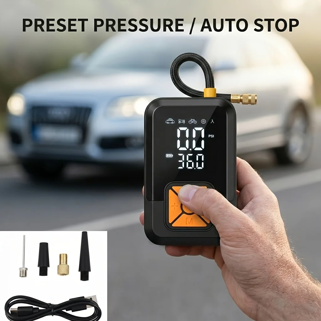 Multifunctional Electric Air Pump, Wireless Digital Display Tire Pressure Inflator, Universal Inflator for Car Tires, Bicycles, Motorcycles, and Balls, Portable Air Pump, Large Digital Display for Tire Pressure, Automatic Shut-Off with Preset Settings, Multiple Adapter Nozzles, USB Rechargeable Handheld Inflator, Dual-Use for Home and Car, Black Portable Body, Night Lighting Function, a Must-Have for Car Owners in Emergencies, Compact and Portable.