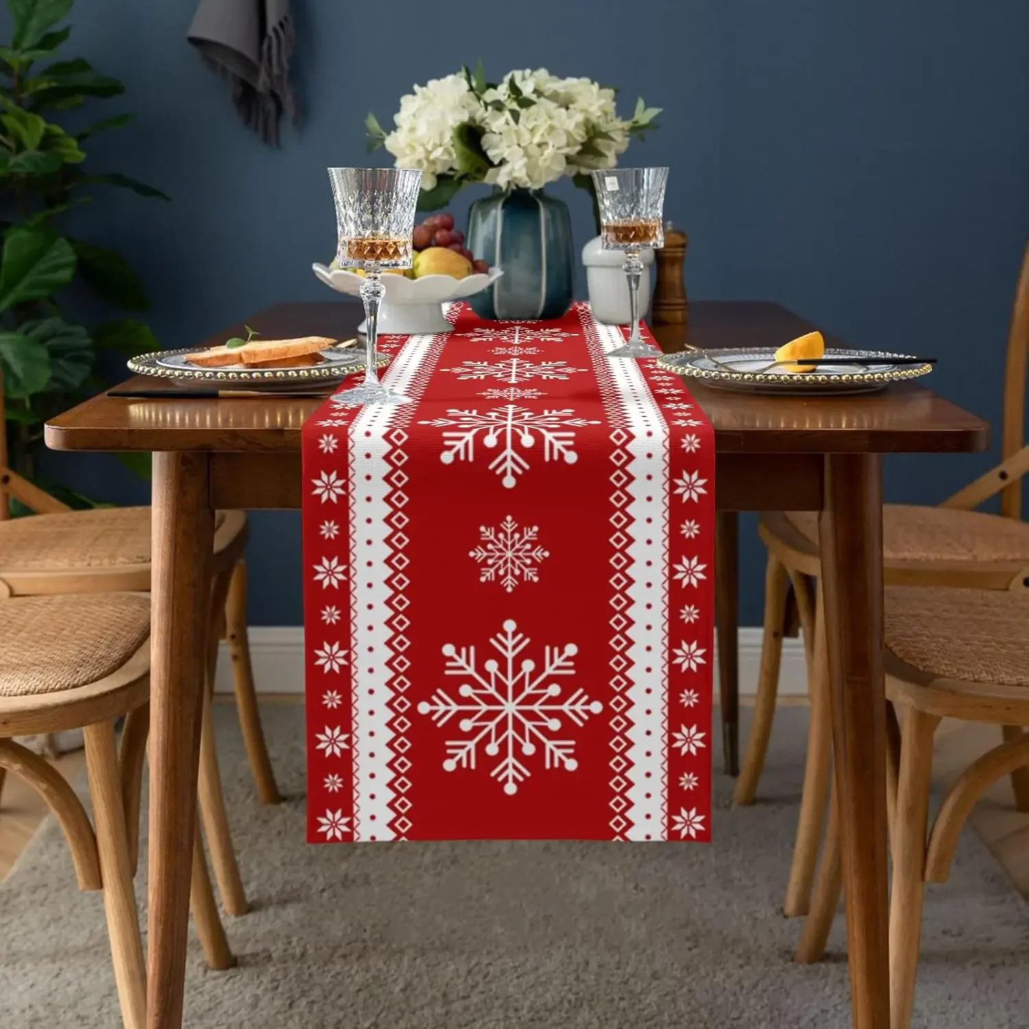 Christmas Snowflake Linen Table Runner Party Decor Reusable Winter Xmas Kitchen Dining Table Runner Christmas Decorations