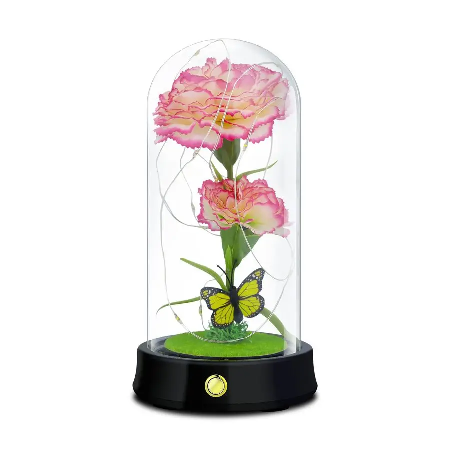

Искусственные цветы гвоздики в стеклянном куполе с LED-подсветкой для мамы, розовые, на День матери, День рождения, Рождество