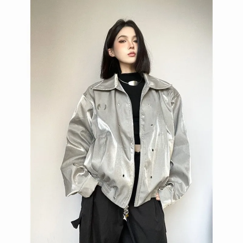 

MiiiiX Street Style American Retro Cool Girl Jacket Women's 2024 Autumn Eyelet Design Turn-down Collar Long-sleeved Jacket