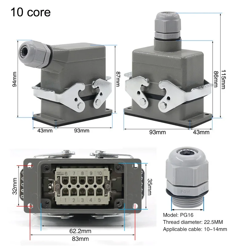 Rectangular Heavy Duty Connector HDC-HE-4/6/10/16/20/24/32/48 Core 16A 500V Waterproof And Dust Proof  Aviation Plug Socket