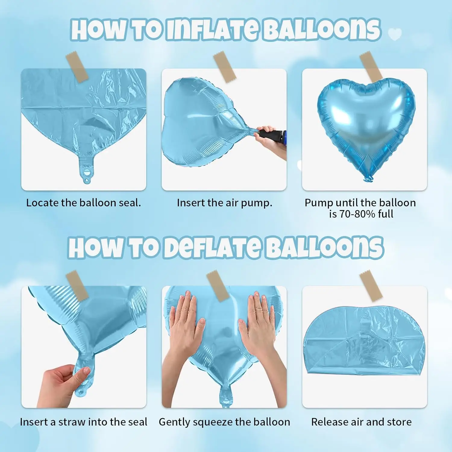 Hellblaue Herzförmige Luftballons in Verschiedenen Größen aus Aluminiumfolie für Dusche, Hochzeit, Geburtstagsdekoration – Detail 6