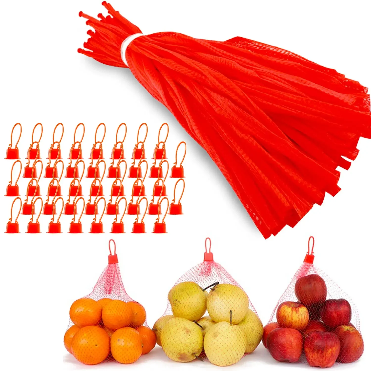 100PCS Reusable Mesh Fruit Vegetable Bags 30-50CM Nylon Storage Bags Plastic Garden Netting Seafood Boil Grocery Mesh Bags