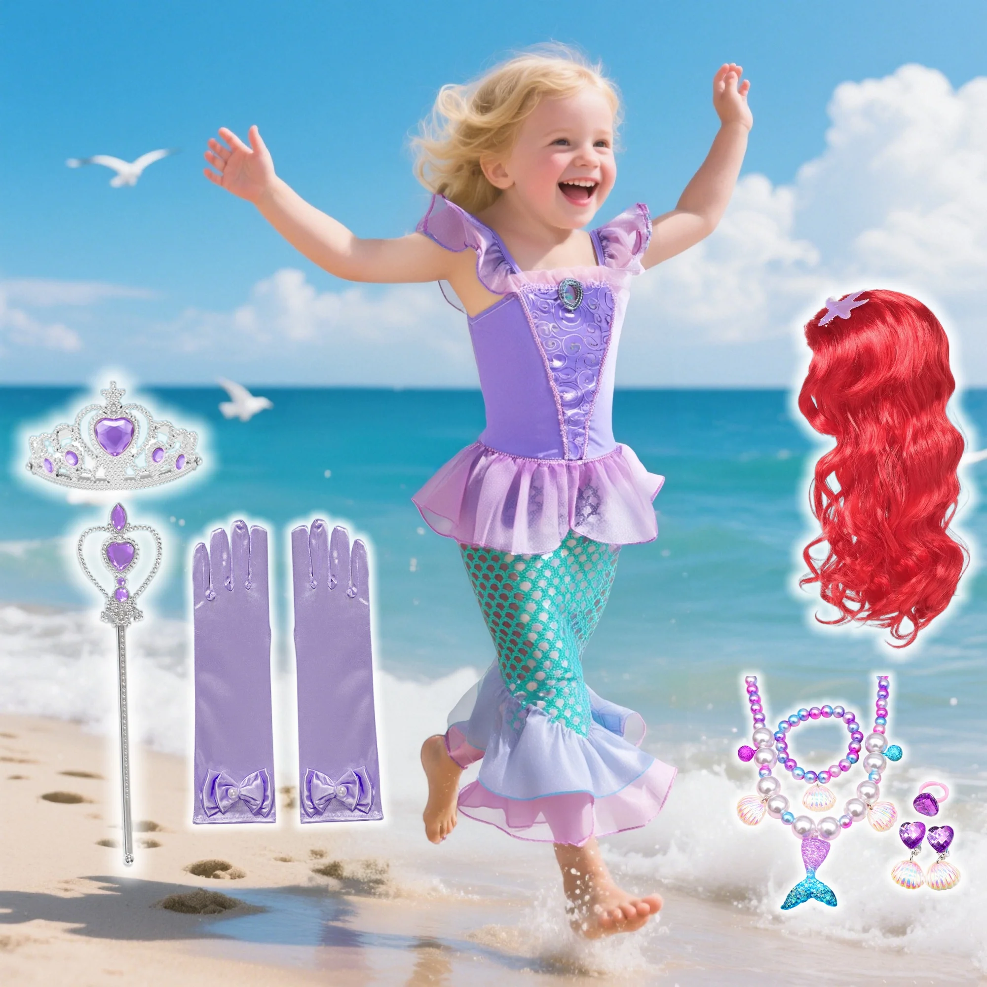 فساتين فتاة حورية البحر الصيفية البهجة الأميرة تأثيري فستان الأميرة حورية البحر الصغيرة للأطفال حفلة عيد ميلاد كرنفال الأميرة زي #1