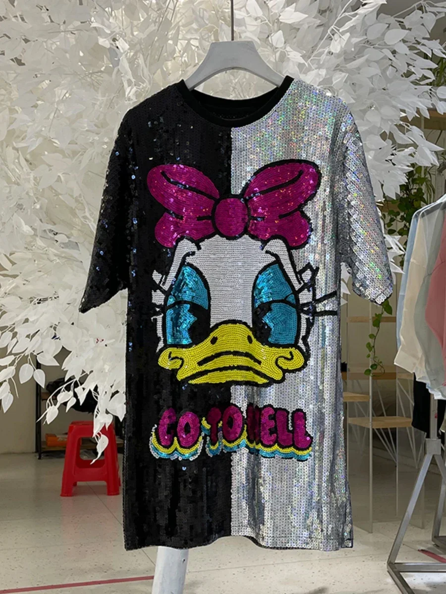 Stylish Loose Round Neck T-shirt Spring and Summer Fashion Brand Cartoon Sequins Color Matching Short Sleeve T Shirts for Women