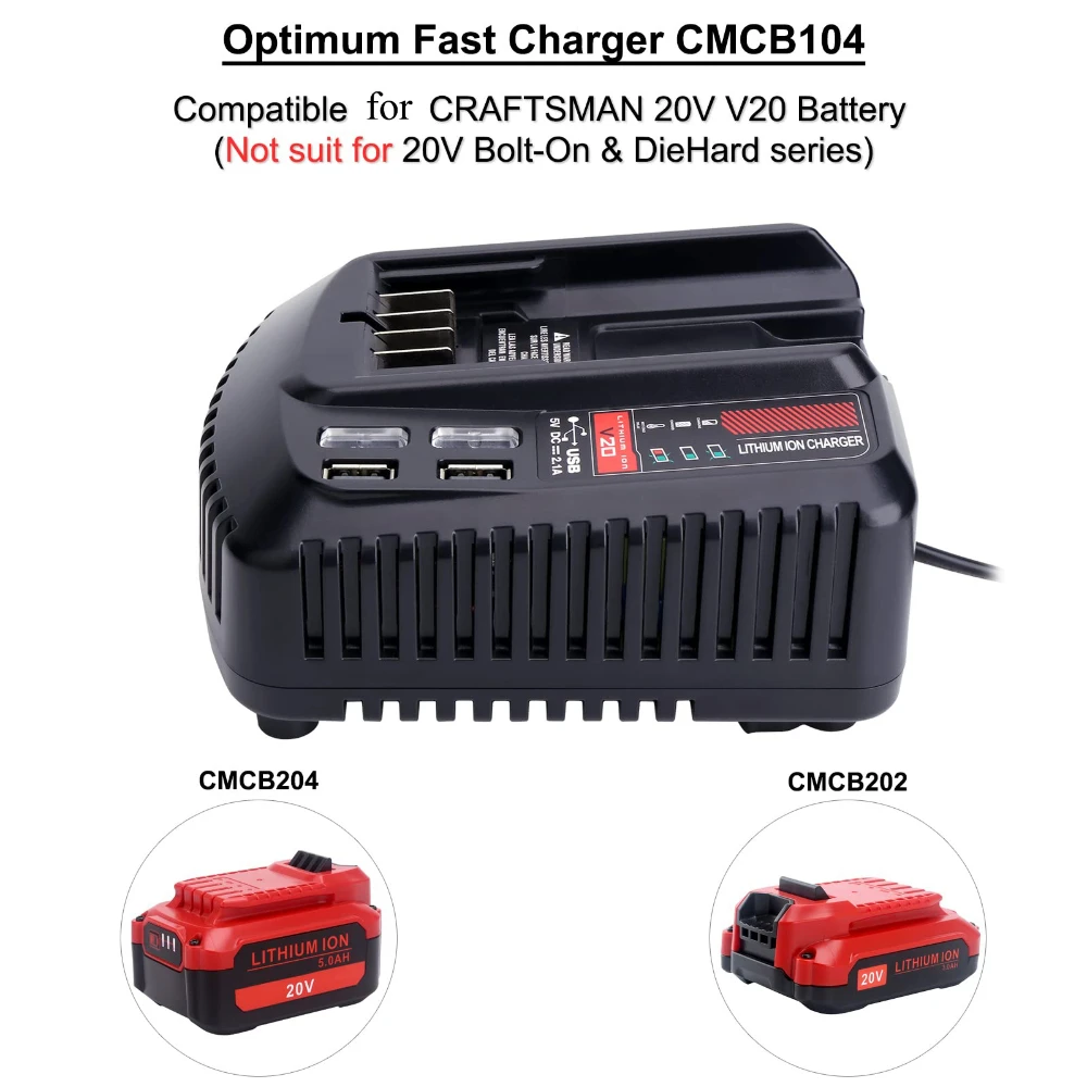 Compatible con baterías de litio Craftsman de 20 V CMCB202 CMCB204 CMCB102 Cargador de batería rápido de 20 V con 2 puertos USB