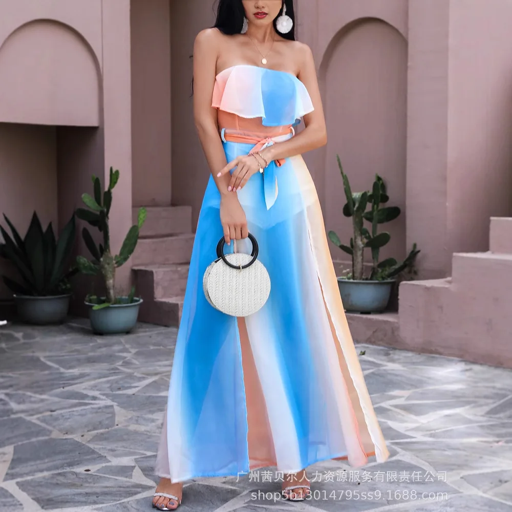 여성 새로운 한 단어 슬래시 어깨 스트랩 대조 색상 드레스 섹시한 여름 긴 느슨한 드레스