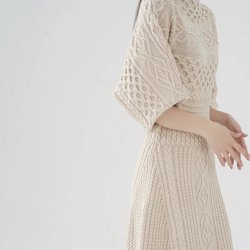 Robe longue tricotée à manches mi-longues pour femmes, élégante, mode Vintage française, Simple, polyvalente, taille fourreau, automne hiver