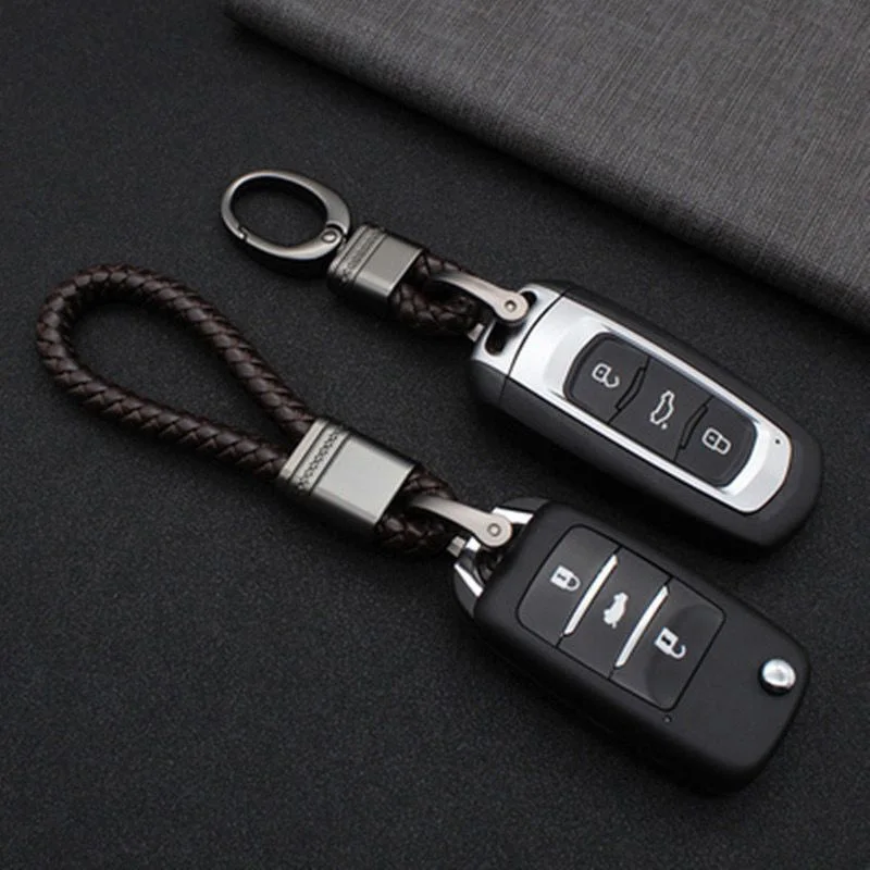 Trendy Hand-woven Leather Car Key Ring Men Women Rope Key Chain Waist Keychains Charm Metal Key Holder Unisex Fashion Jewelry