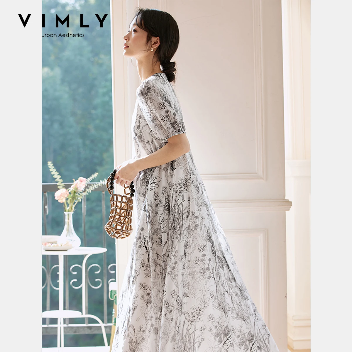 VIMLY French Elegant Ink Floral Print Long Dresses Women Summer 2025 Round Neck Pullover Pockets Tied Waist Dress Woman A0389