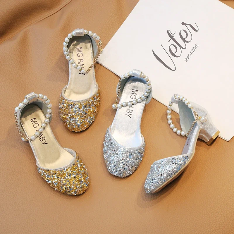 Girls Sandals Gold New Fashion Girls Crystal Shoes Silver Hundred Slip Performance Children\'s High Heels Girls Princess Shoes