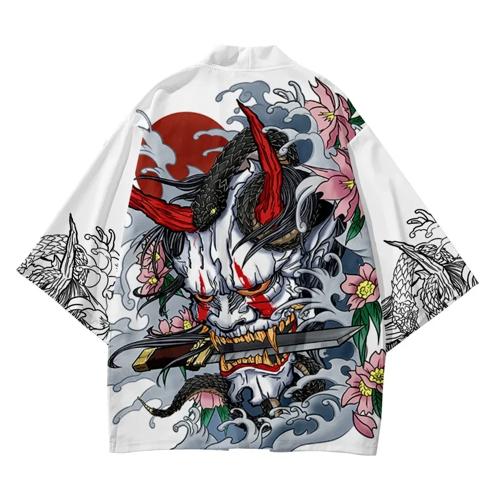 Summer Demon Snake Print Cardigan Men\'s Chinese Dragon Pattern Japanese Kimono Plus Size Asian Traditional Costume Cosplay Coat