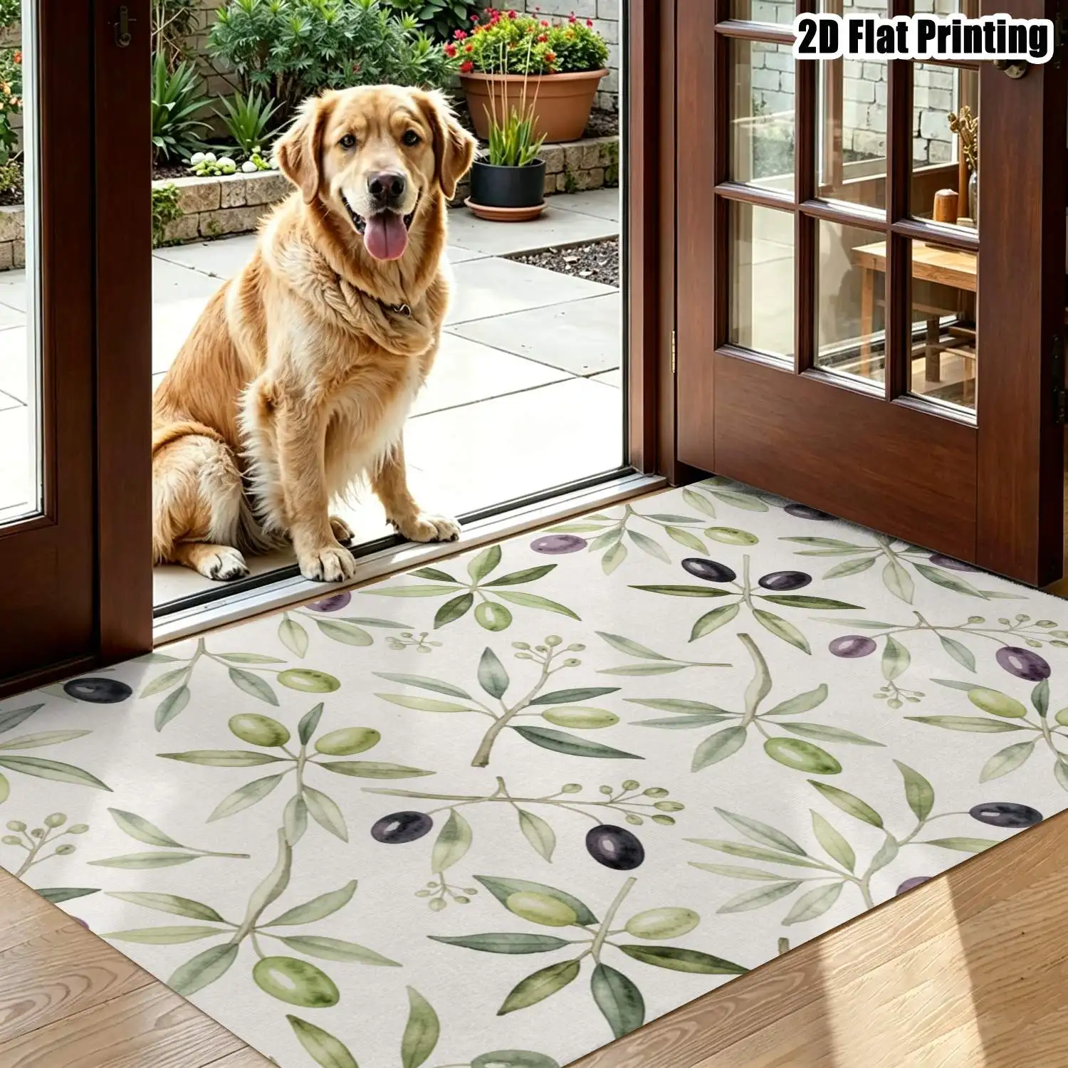 1Pc 2D Printed Nordic Minimalist Carpet, Green Blue Olive Branch Pattern, Machine Washable, Multi-Size, Home Decor Floor Mat for Entrance, Dining, Bedroom, Living Room, Study