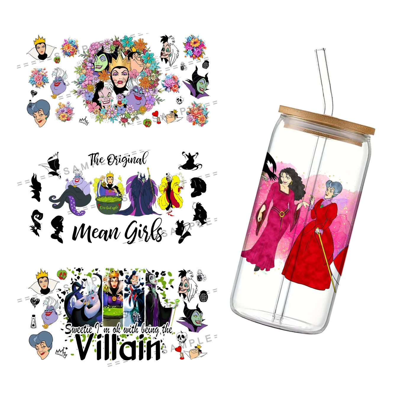 Disney Villains UV DTF Cup Wrap for 16Oz Libbey Villains Glass Can DIY Transfer Sticker