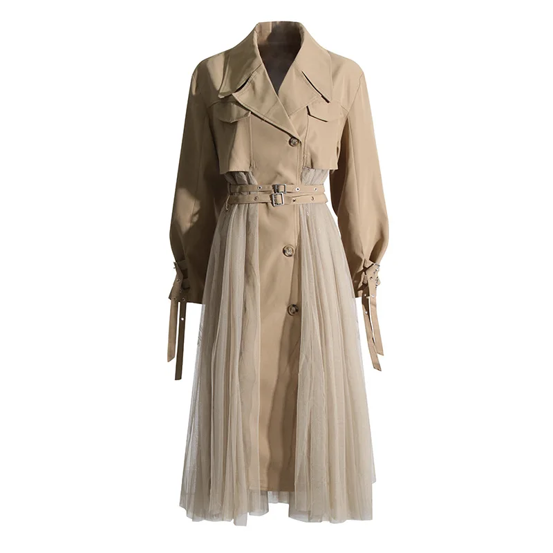 SuperAen Autumn 2023 New Long Trench Coat Women Loose Mesh Stitching Casual Fashion High Waist Long Coat