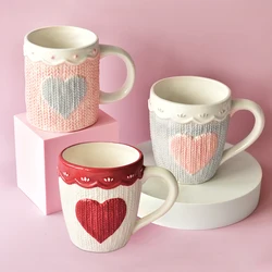 480ml Large Ceramic Coffee Mug Kawaii Bowknot Tea Cup Pink Wool Knitting Mug Dishwasher and Microwave Safe