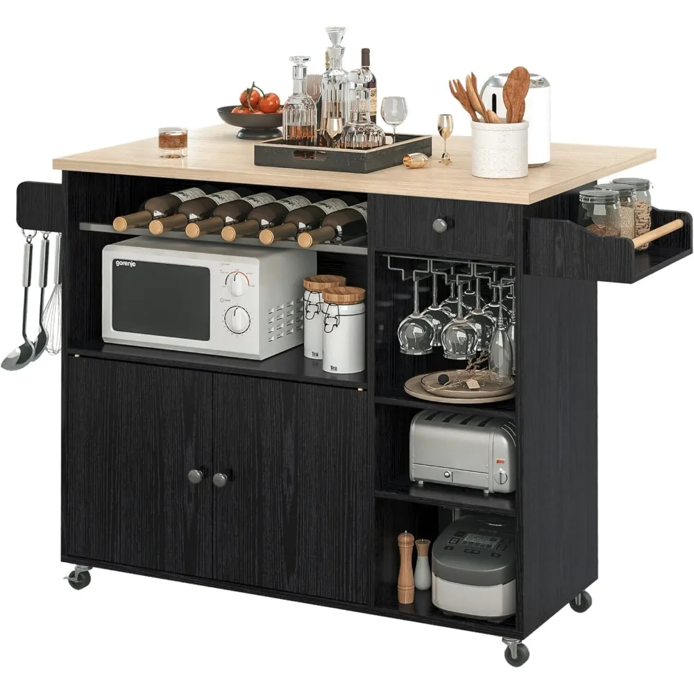 IRONCK Rolling Kitchen Island Cart with Drop-Leaf and Wine Rack, Microwave Rack Serving Cart on Wheels with Drawer & Shelves