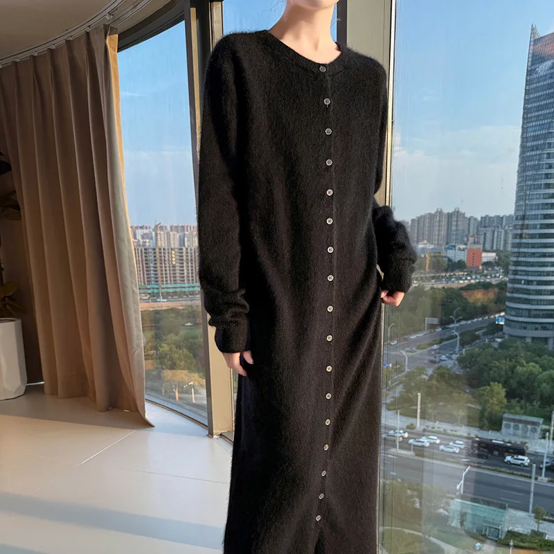 Nieuwe 2025 herfst en winter dames gebreide 100% pure nertsen kasjmier O-hals vest trui jurk slim fit veelzijdige lange trui