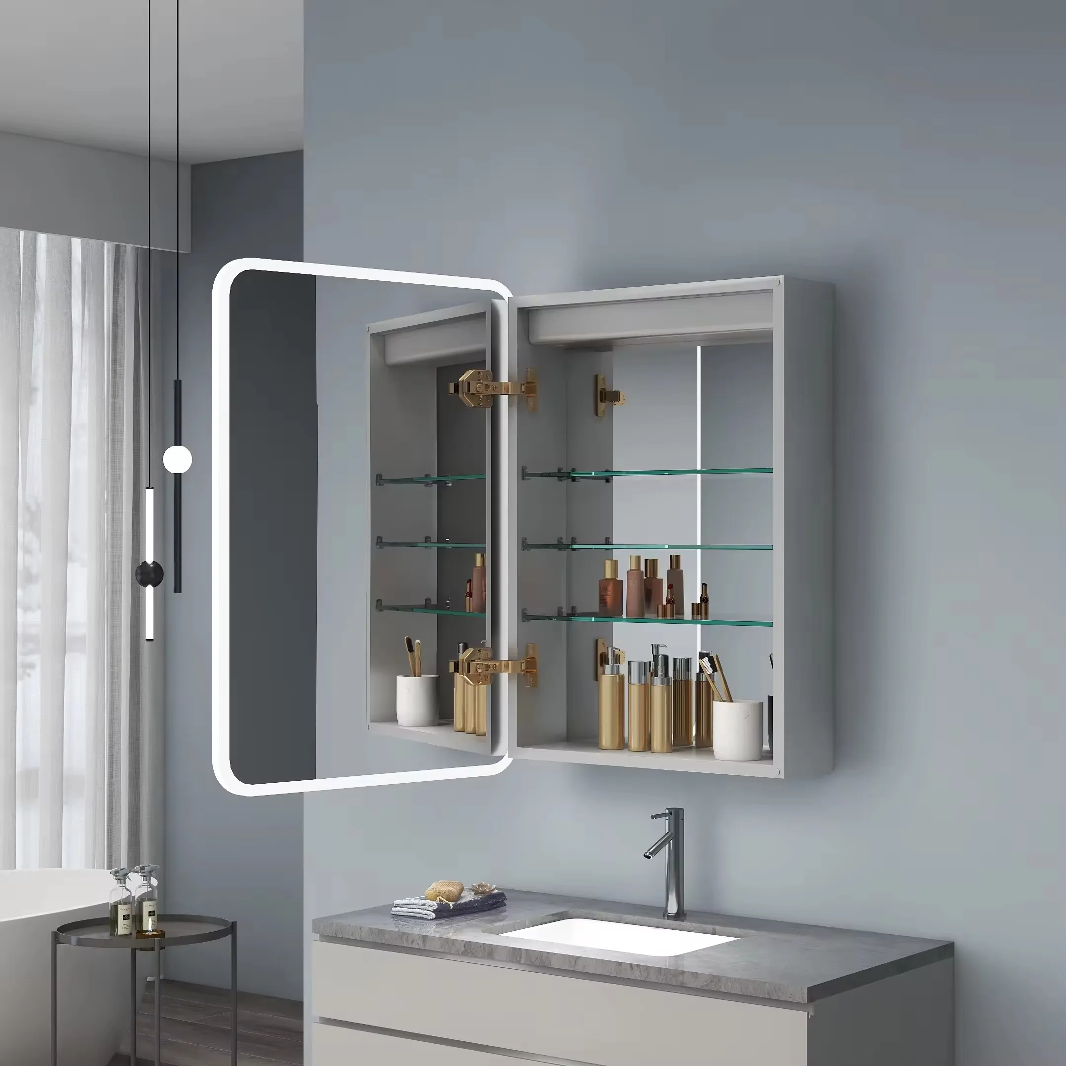 Modern Led Mirror Cabinet  With LED Lights Illuminated Stainless Steel Vanity Storage Cabinet