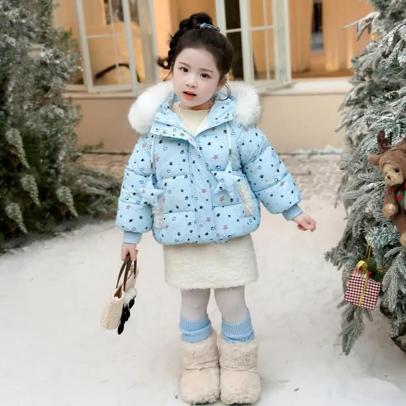 

New Cotton-Padded Jacket for Kids Winter Coat Girl New Child Clothes Thickened for Warmth Kawaii Cartoon blue star