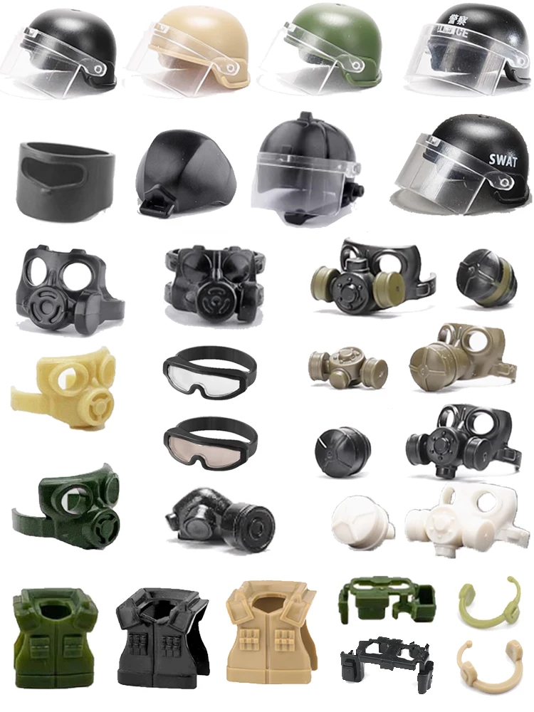 Blocs de construction de figurines MOC militaires WW2, casque antidéflagrant, chapeau, masque à gaz, Kit de lunettes SWAT, gilet, ceinture, casque, jouet à monter soi-même, cadeau K001