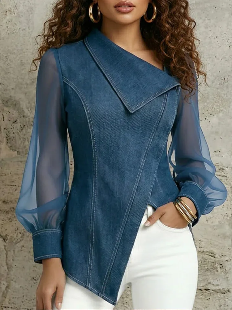 Damen Vintage Faux-Denim Hemdbluse mit Asymmetrischem Reverskragen, Patchwork und Transparenten Ärmeln, Büro-Casual Streetwear Bluse – Detail 1