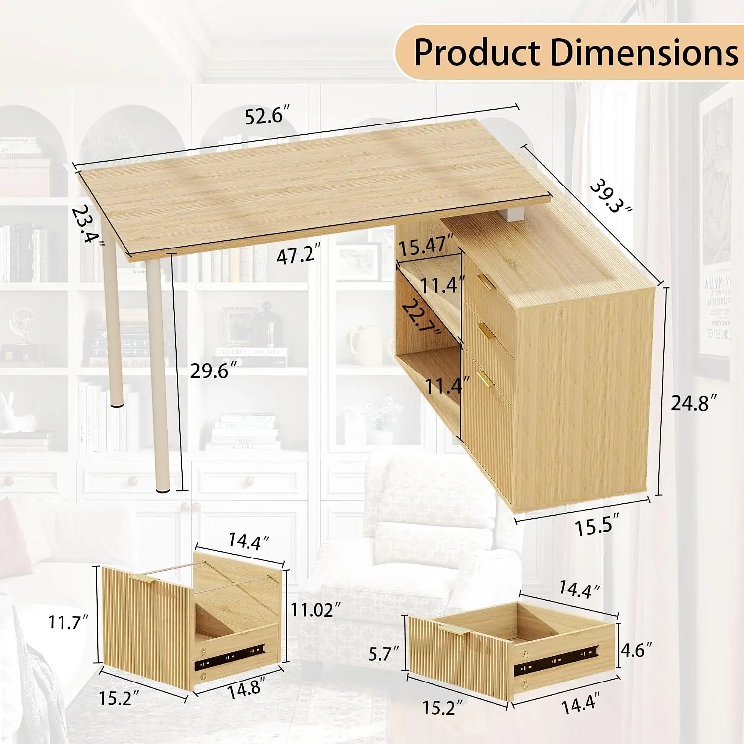 L Shaped Desk With Drawers, 53