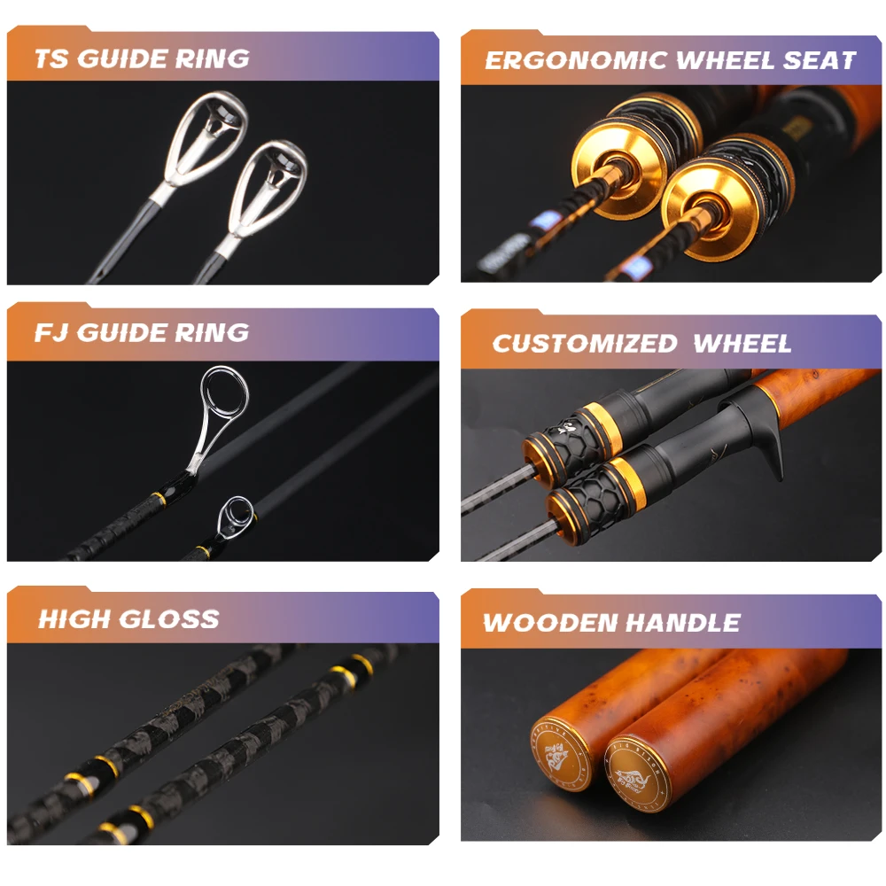 ROLLFISH 1,68/1,8m UL Forellenrute, Carbon Spinn-/Castingrute, Fuji-Ringe, Massivspitze & Holzgriff, Schnelle Aktion – Detail 2
