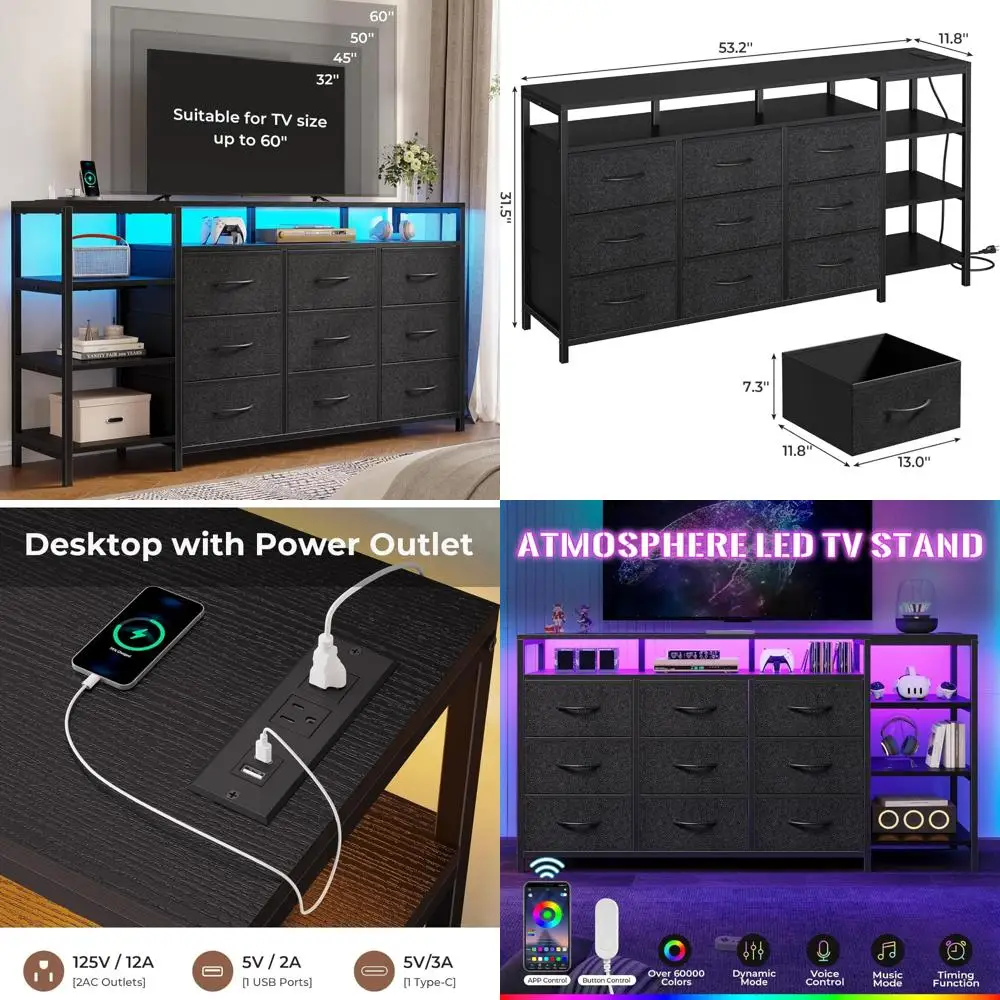 

60 Inch TV Stand with Dresser, Charging Station, LED Lights, 9 Drawers, Fabric and PU, Entertainment Center, Industrial Style