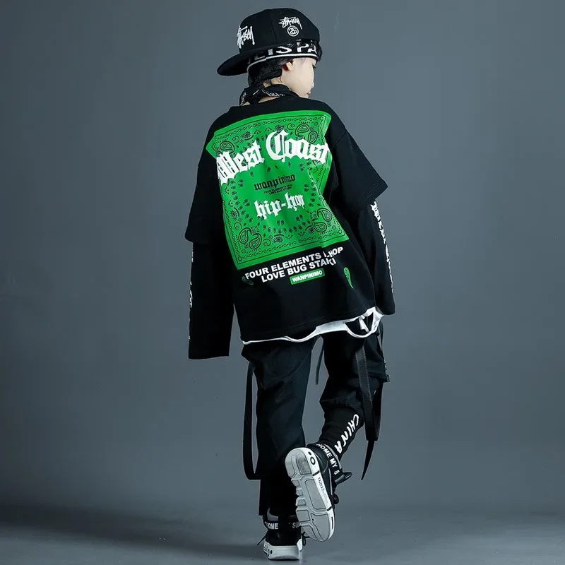 Hip-hop Performance Suit Boys Jazz Dance Rehearsal Clothes Spring and Autumn Boys Black Cashew Flower Skateboard Sportswear