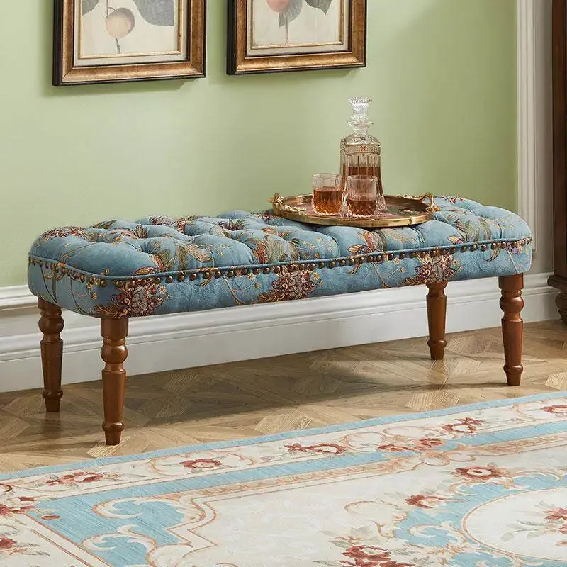American all-solid wood bedside stool Fabric soft bag sofa stool European retro light luxury living room coffee table pedal benc