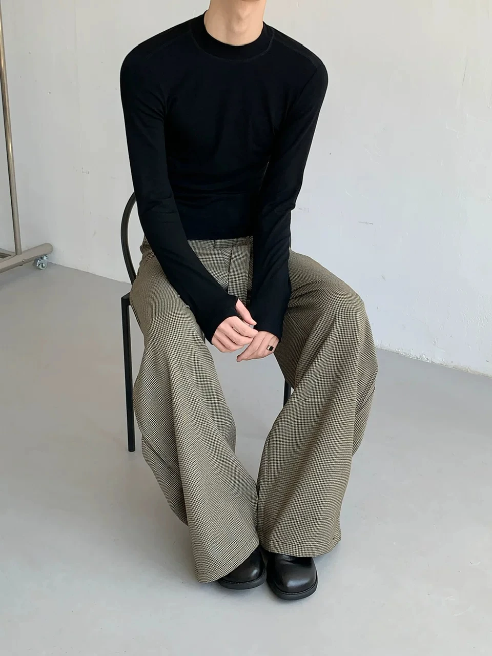 Vintage Plaid Wide Leg Casual Belted Men's Suit Pants Clean Fit Loose Straight Tube Western Trousers Autumn Commute Fashion