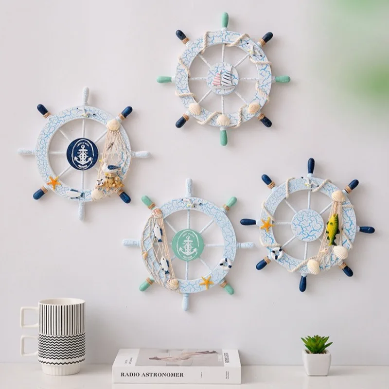 ​​​​​​​28cm Mediterranean Style Cracked Durable Wooden Ship Wheel Wall Decor Nautical Rudder Hanging Ornament for Home Cafe