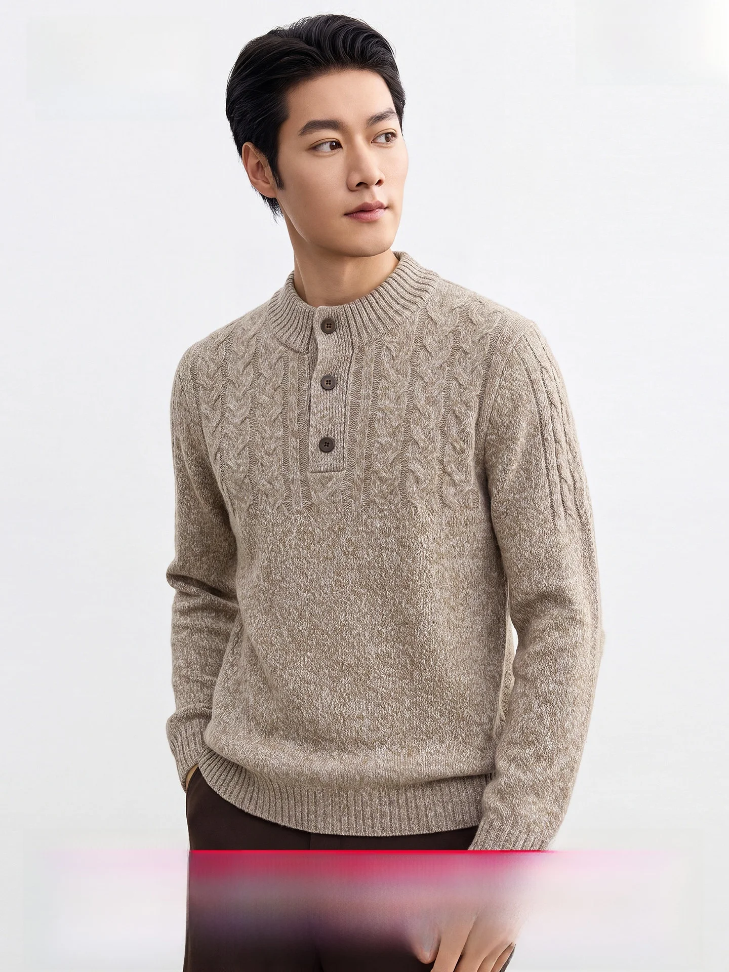 100% Wool Men's Knitwear Autumn Winter Thick Henry Collar Buttoned Twist Flower Pure Color Sweater Fashion Urban Business Casual