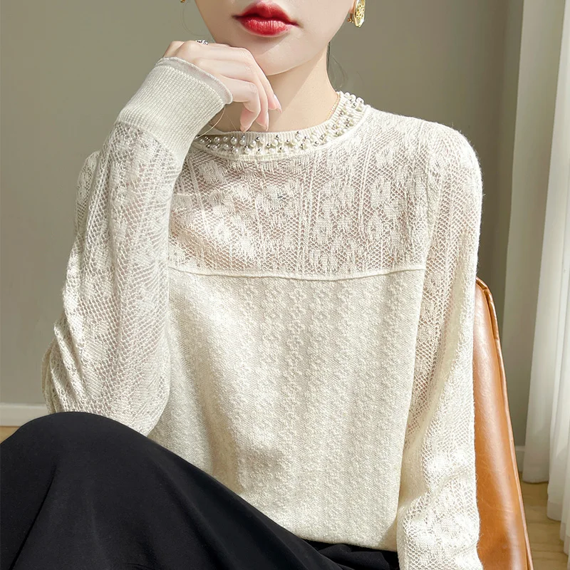 Spring Summer Stylish Lace Chiffon Shirt Women O-neck Wool Pearl Female Long Sleeve Top Fashion New Knit Pullover Worsted Blouse