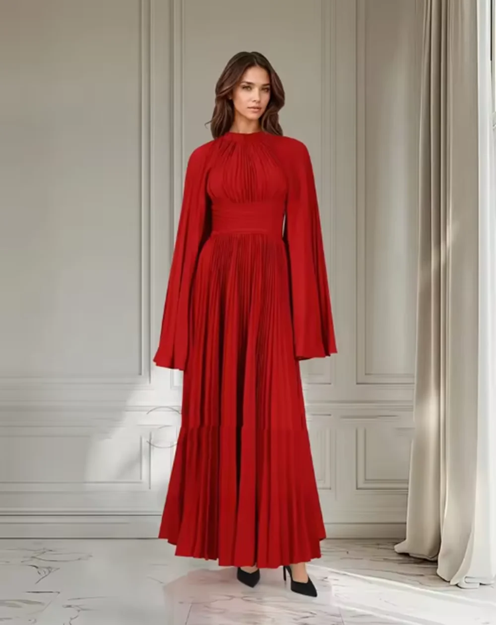 فساتين سهرة عربية جديدة مخصصة باللون الأحمر 2024 فساتين حفلات الشرق الأوسط بأكمام طويلة فساتين زفاف الضيوف برقبة دائرية وثنيات #1