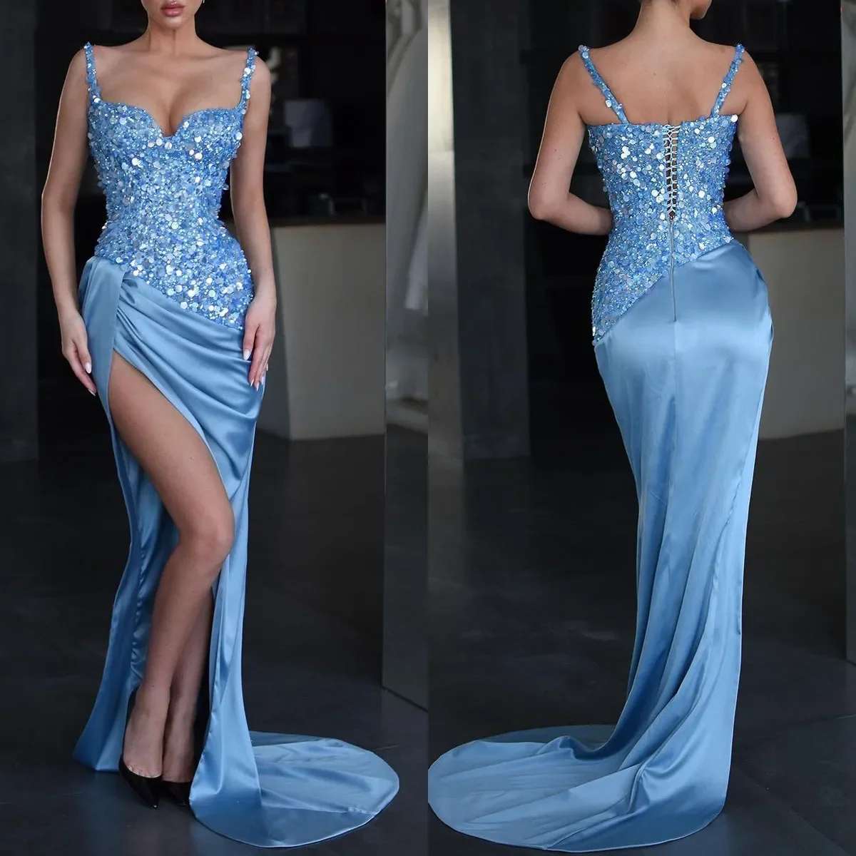 Elegant Sweetheart mermaid shimmering Italian shoulder strap side slit backless cocktail ball formal luxury evening dress