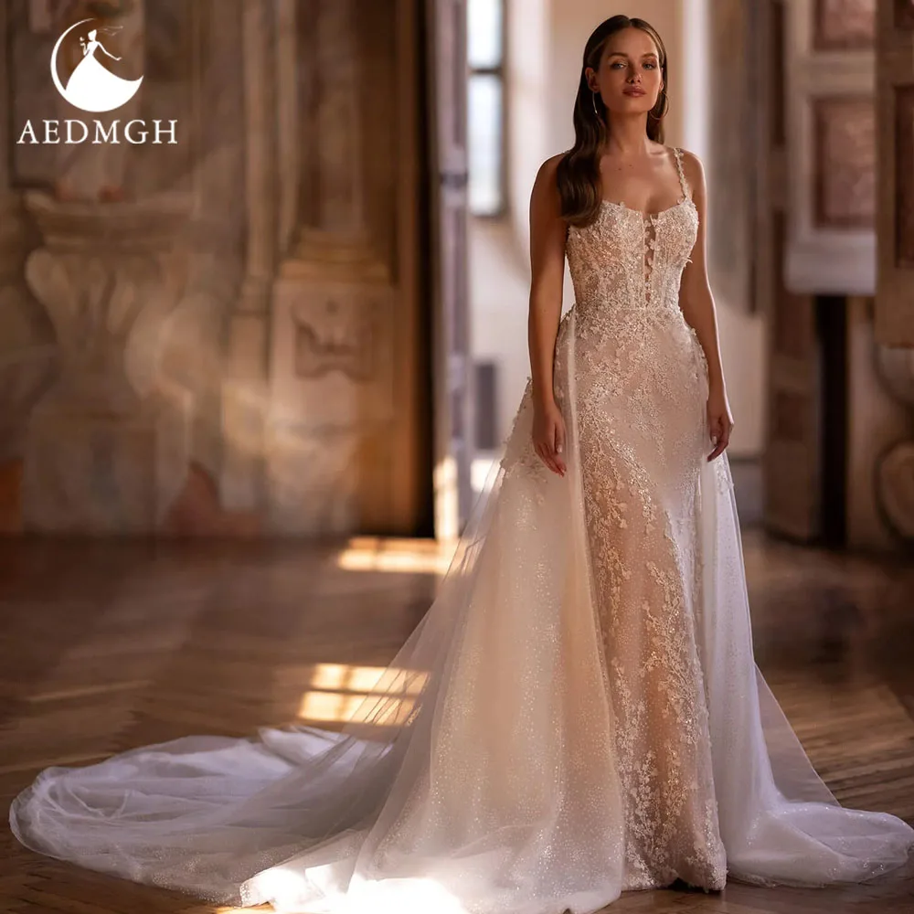 

Aedmgh Mermaid Sexy Wedding Dresses Spaghetti Straps Vestido De Novia Lace 3D Flowers Detachable Train Custom Made Bridal Gown