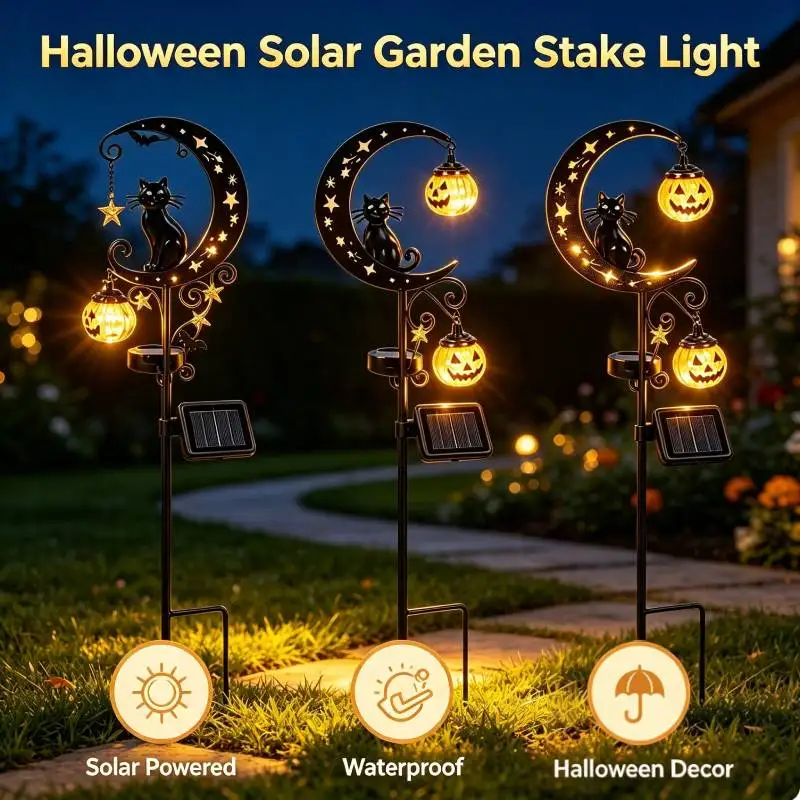 Metal Solar Halloween Black Cat Pumpkin Moon Garden Stake Light Waterproof Solar Black Cat on Crescent Moon with Hanging Pumpkin