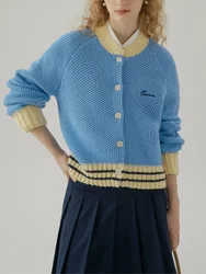 Dzianinowy kardigan bejsbolowy dla kobiet Retro Blue Coarse Needle Cardigan American College Style Jesienno-zimowy krótki płaszcz z dzianiny