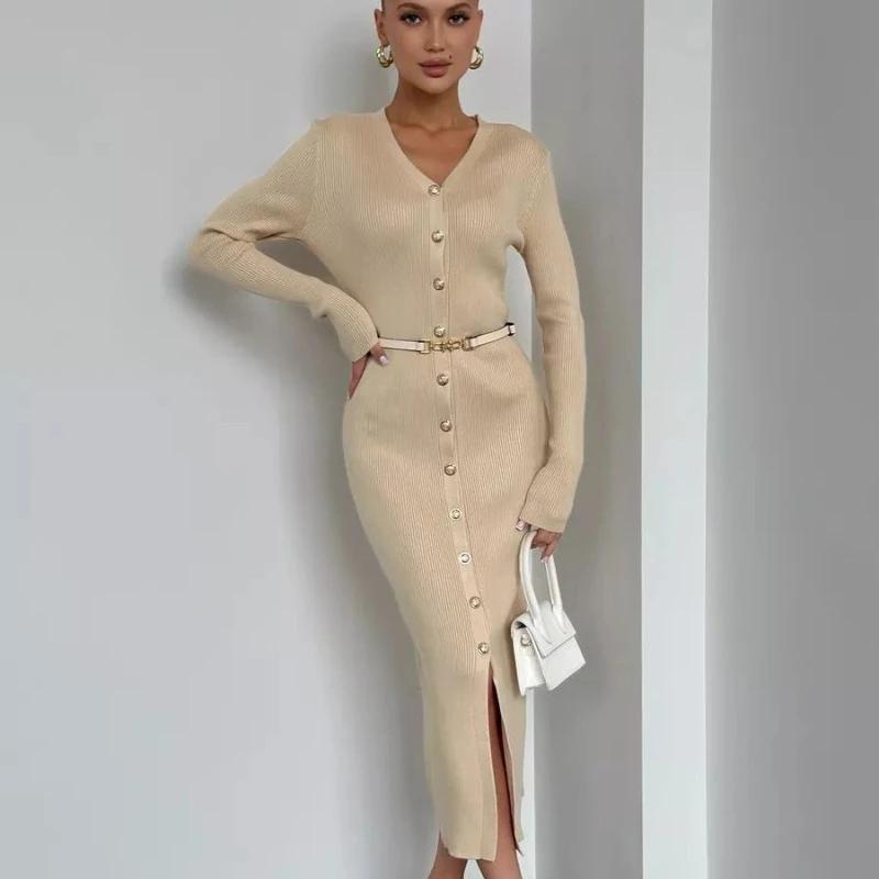 Robe tricotée col en v, simple boutonnage, boutonnée, tempérament élégant, pièce unique, Style sœur royale, Socialite, confortable