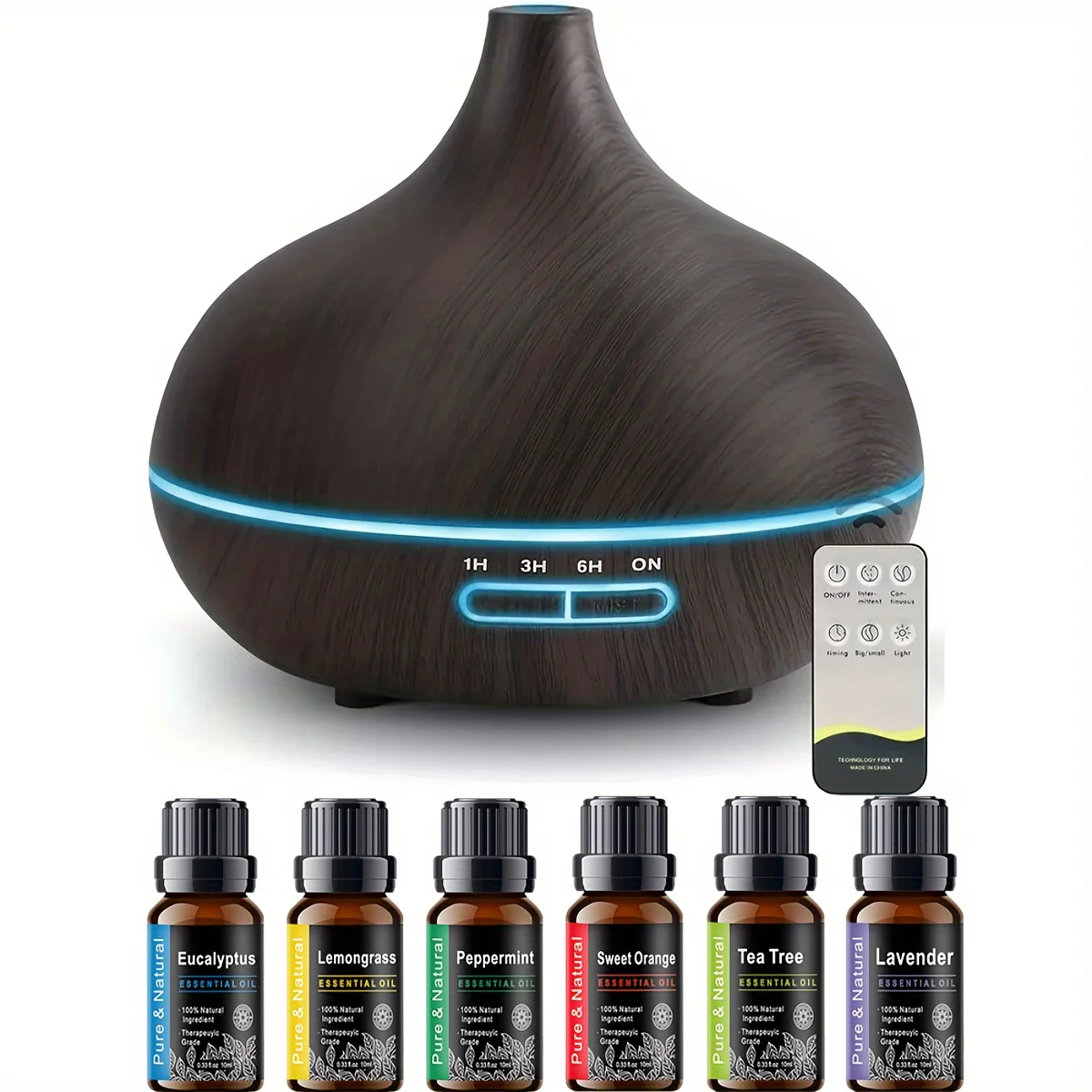 

18.6oz Aromatherapy Essential Oil Diffuser Wood Grain Remote Control Ultrasonic Air Humidifier Cool 7 Color LED Light With 6 Oil