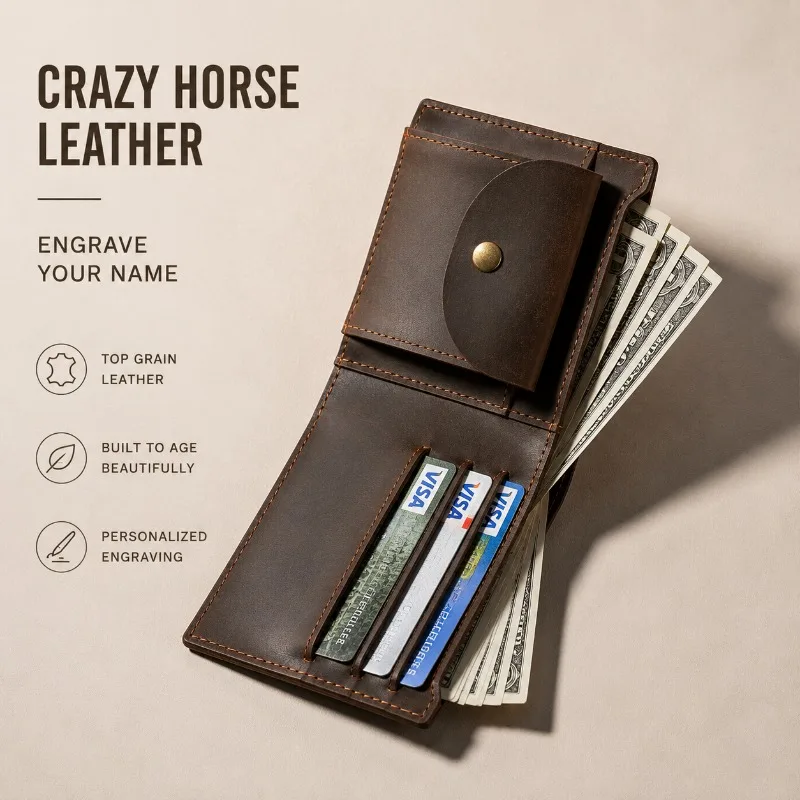 Custom Engraved Men's Crazy Horse Genuine Leather Wallet Personalized Logo Name Vintage Cowhide Bifold Card Holder Purse
