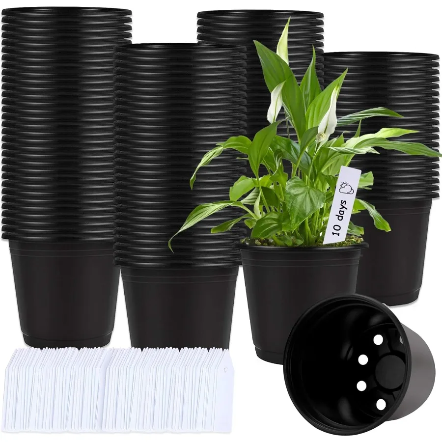 

110 Pcs 0.5 Gallon Black Plastic Plant Nursery Pots 6 Inches Seed Starting Pots Containers with 110 Labels